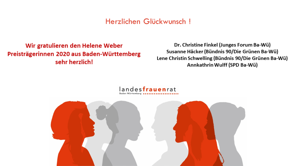 Herzlichen Glückwunsch ! Der Landesfrauenrat Baden-Württemberg gratuliert den Helene Weber Preisträgerinnen 2020 sehr herzlich!